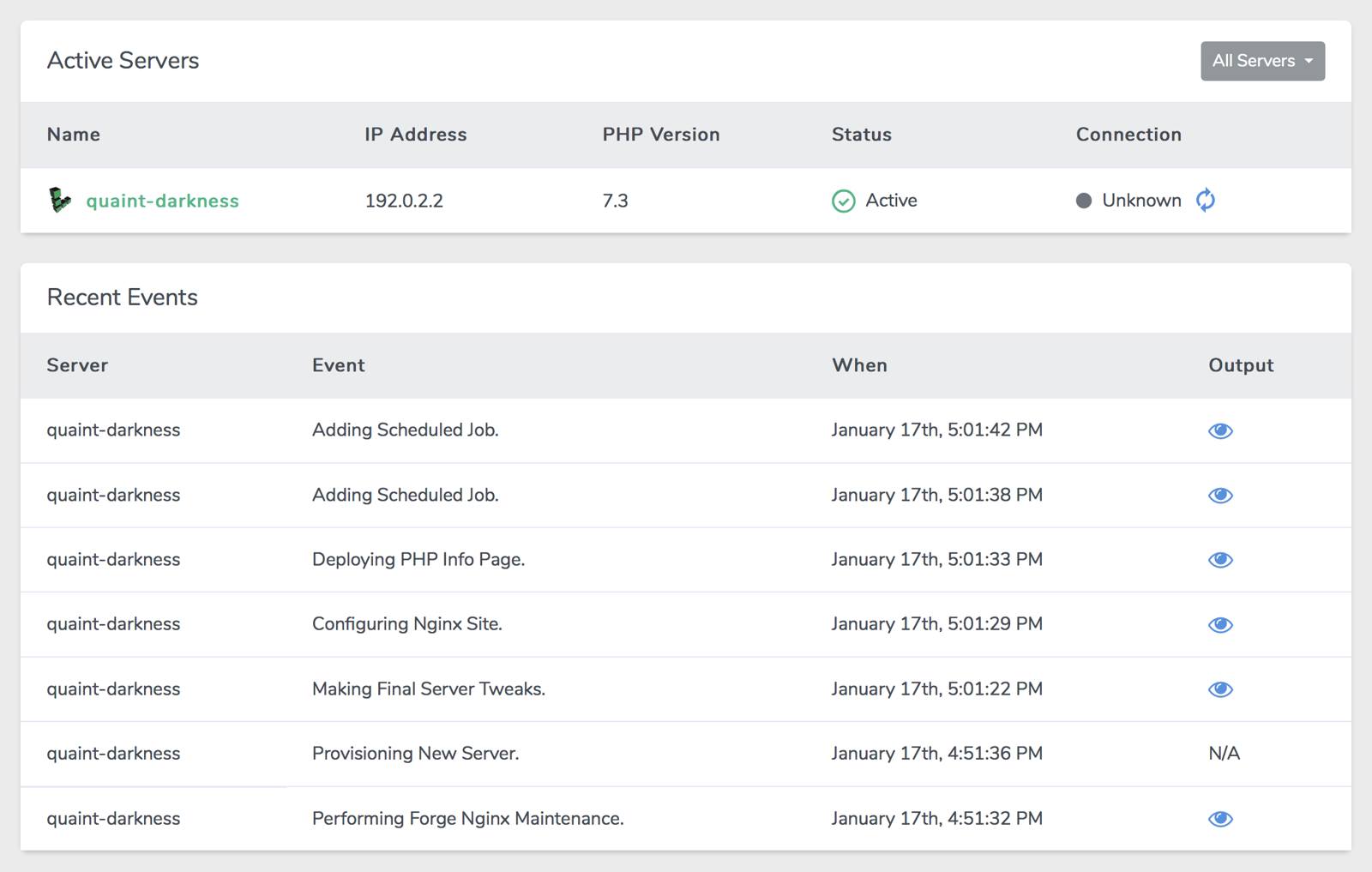The active servers panel Active Servers