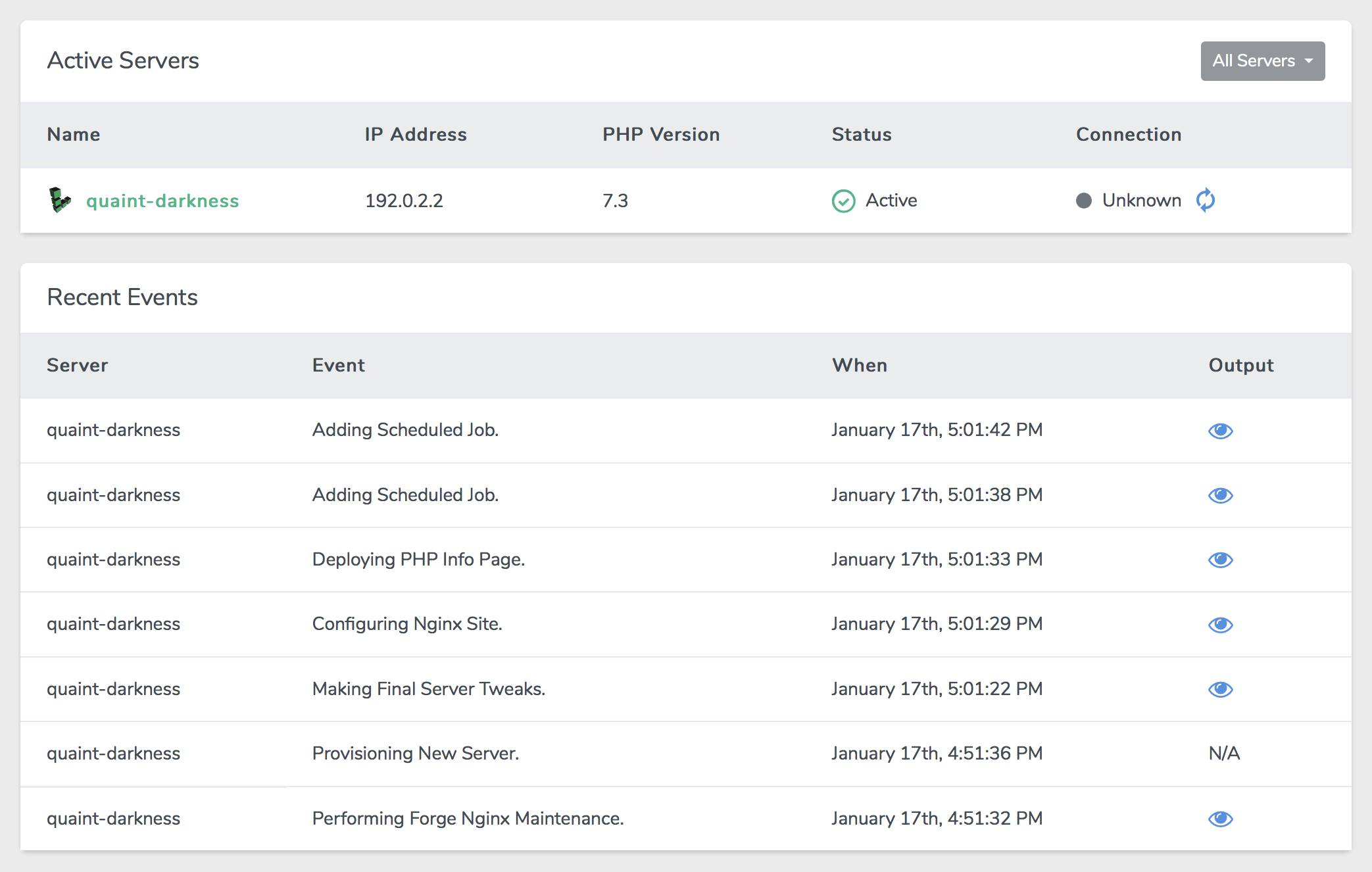 The active servers panel Active Servers