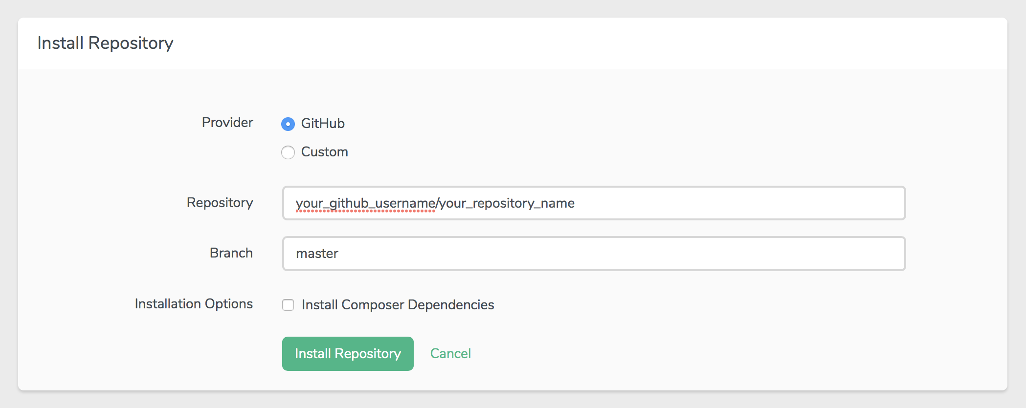 The form for adding a Git repository to your site Git Repository Form