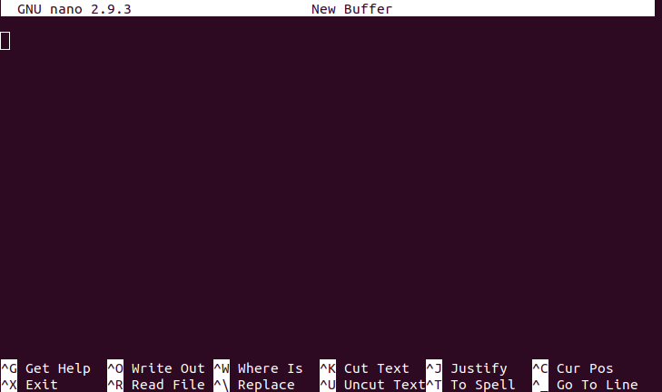 A new file in the terminal with nano. new file in the terminal