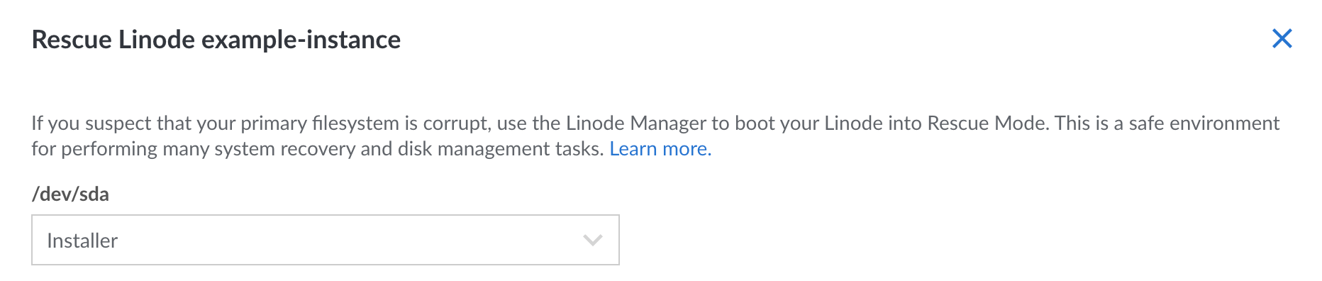 Screenshot of Rescue Mode configuration, with /dev/sda assigned to the Installer disk Screenshot of Rescue Mode configuration