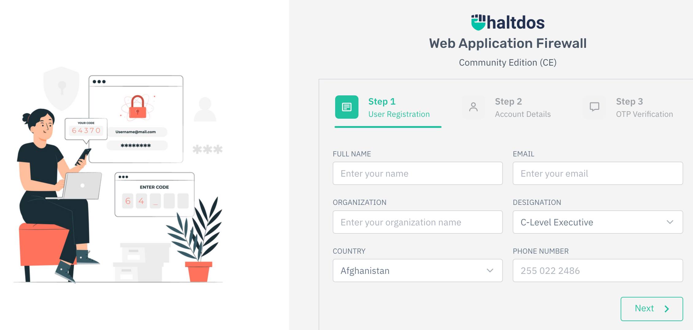 Haltdos registration page Haltdos registration page